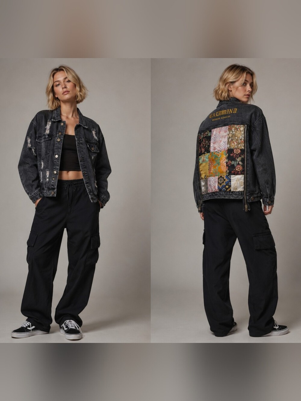 Black Patchwork Denim Women Jacket Distressed Grunge Streetwear Indie Sleaze